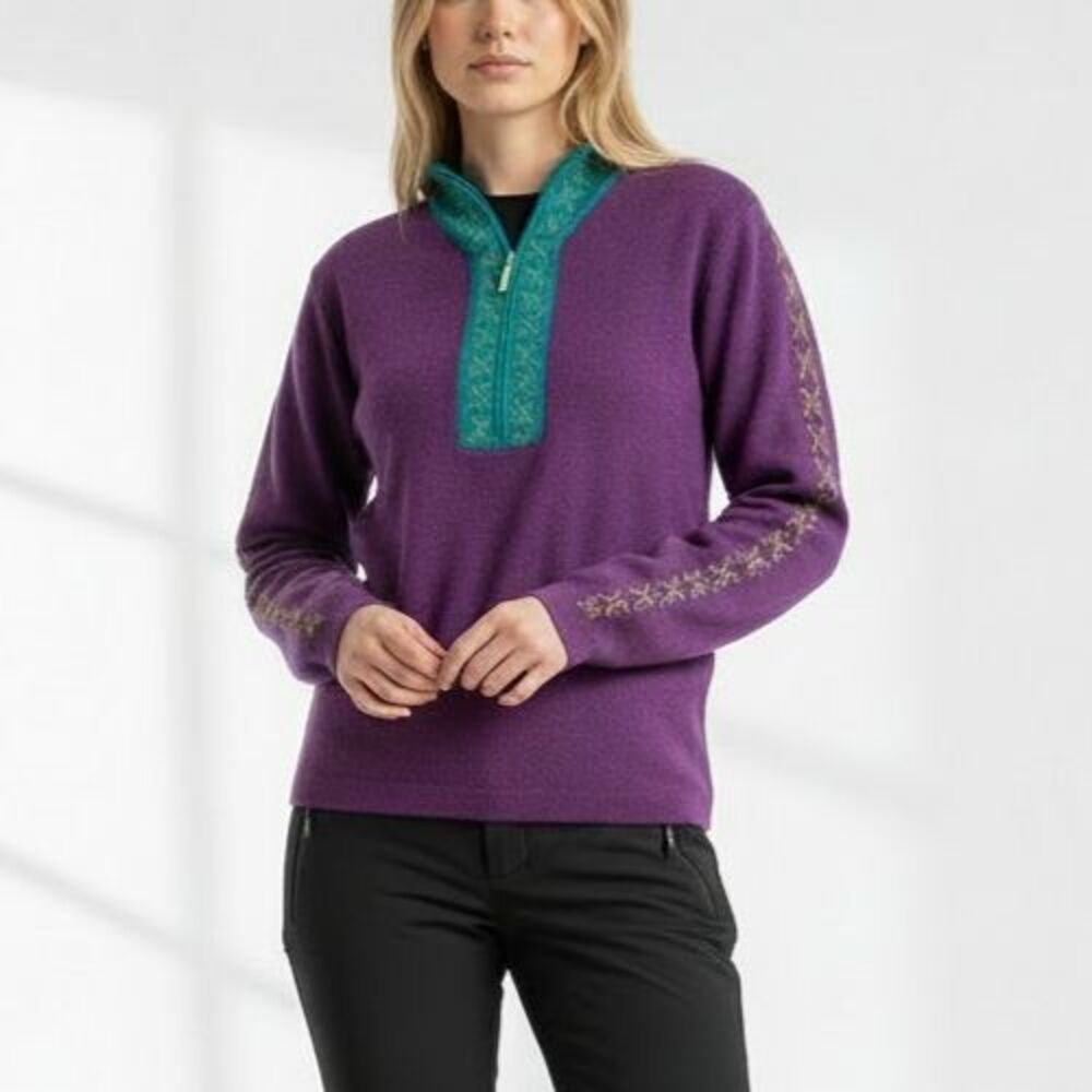 Vintage Meister 1/2 Zip Nordic Ski Sweater Women Small Purple Wool Fair Isle